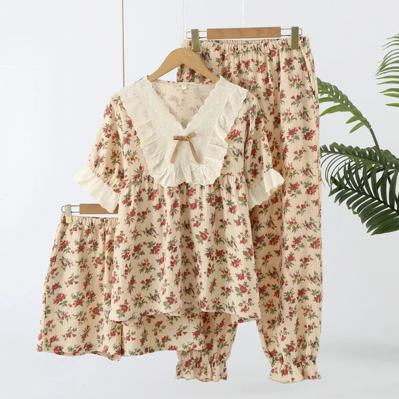 Lace-Detail Short Pajama Set (3-Piece)