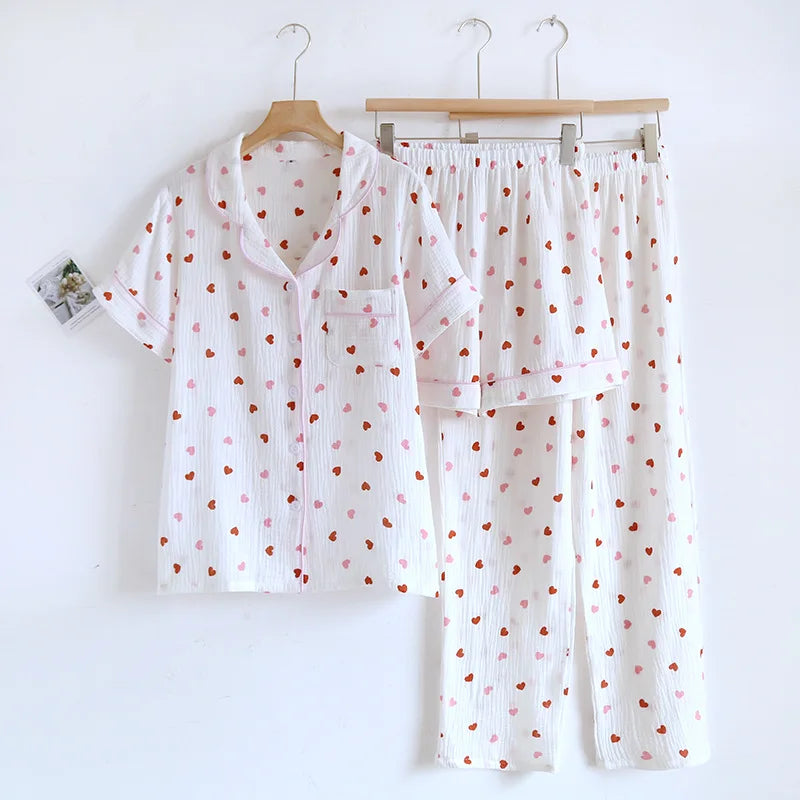 Heart-Patterned Cotton Pajama Set (3-Piece)
