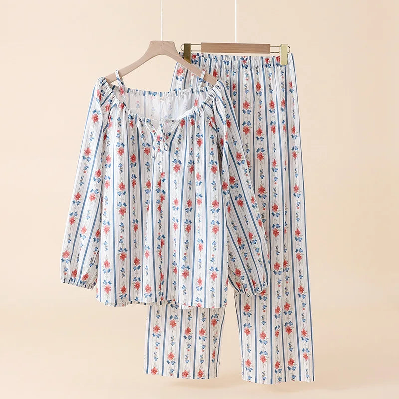 Vintage Floral Striped Pajama Set