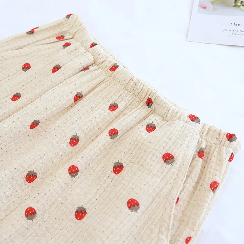 Strawberry-Patterned Cotton Pajama Set