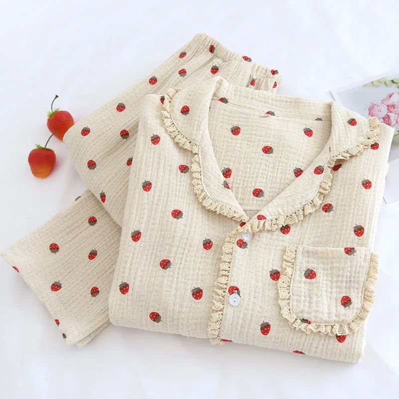 Strawberry-Patterned Cotton Pajama Set