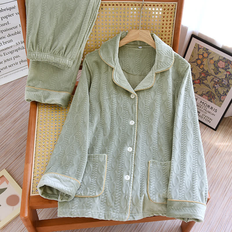 Solid Color Collared Flannel Pajama Set