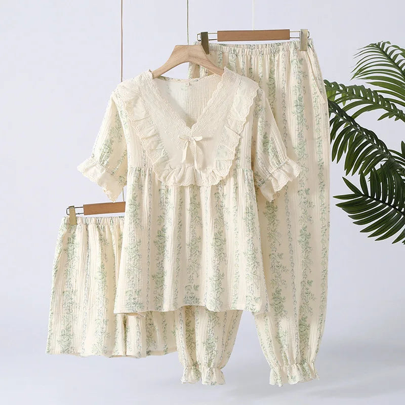 Lace-Detail Short Pajama Set (3-Piece)