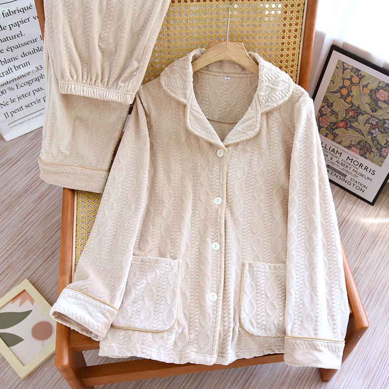 Solid Color Collared Flannel Pajama Set