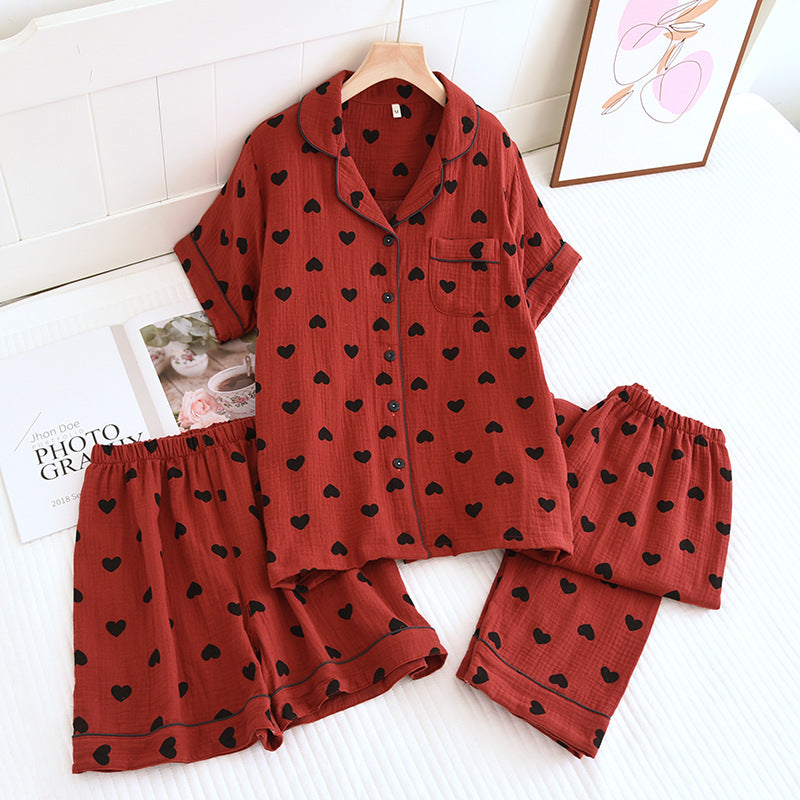 Heart Print Cotton Pajama Set (3 Pieces)