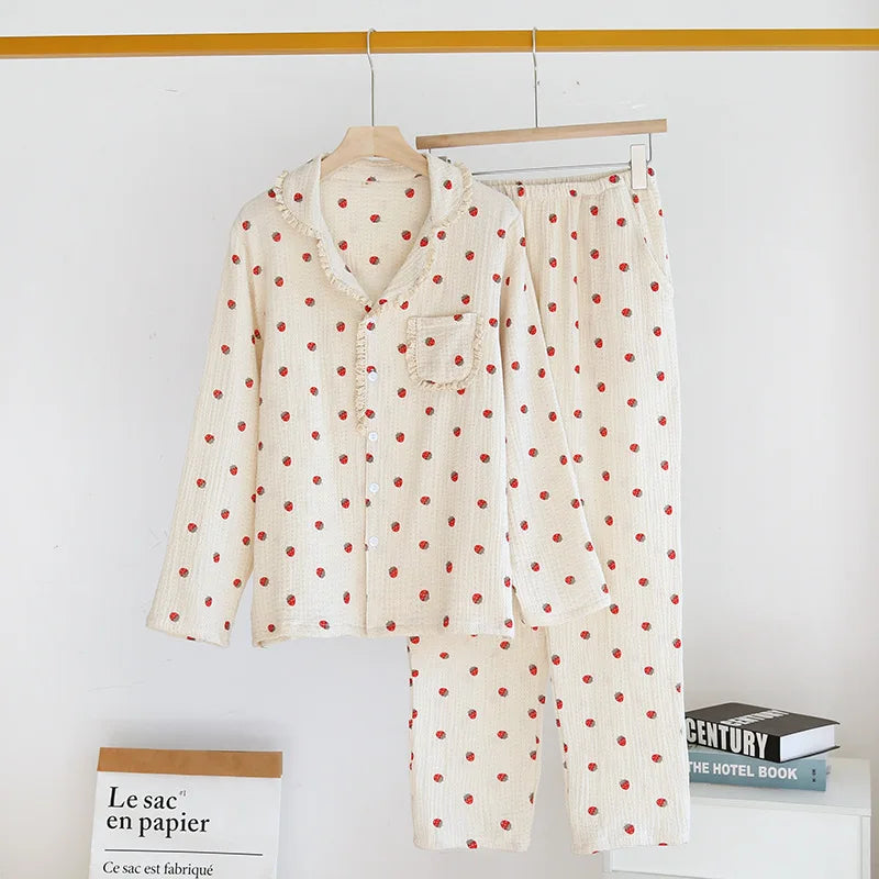Strawberry-Patterned Cotton Pajama Set