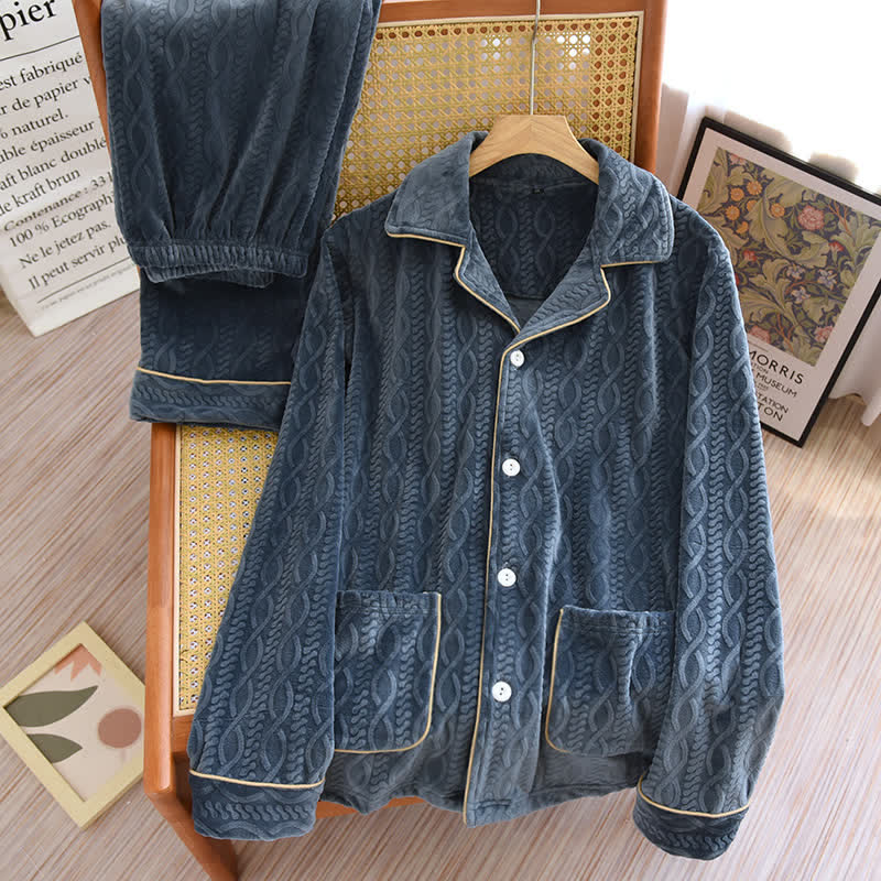 Solid Color Collared Flannel Pajama Set