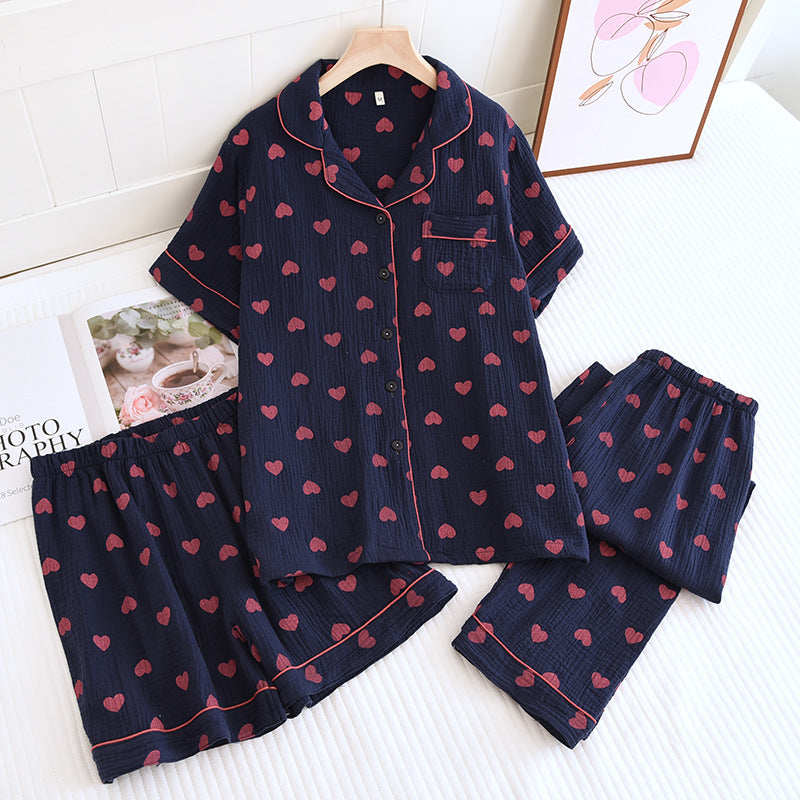 Heart Print Cotton Pajama Set (3 Pieces)