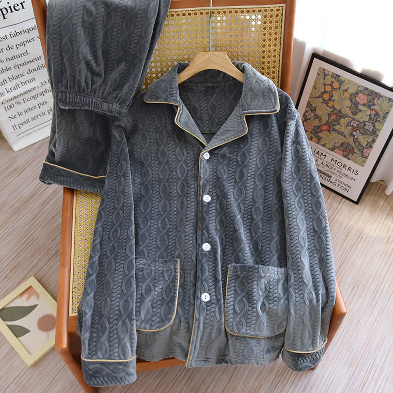 Solid Color Collared Flannel Pajama Set