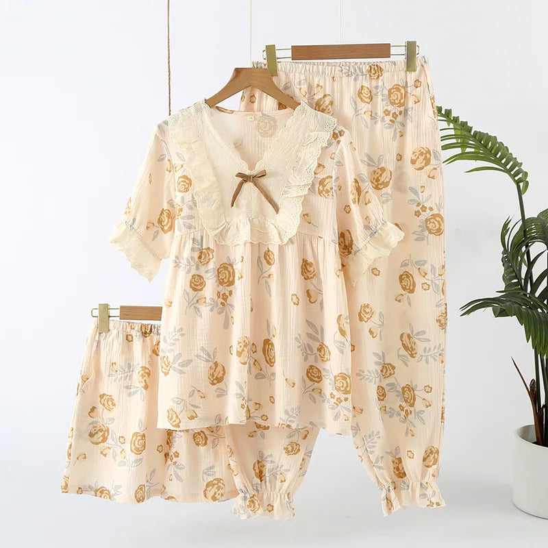 Lace-Detail Short Pajama Set (3-Piece)