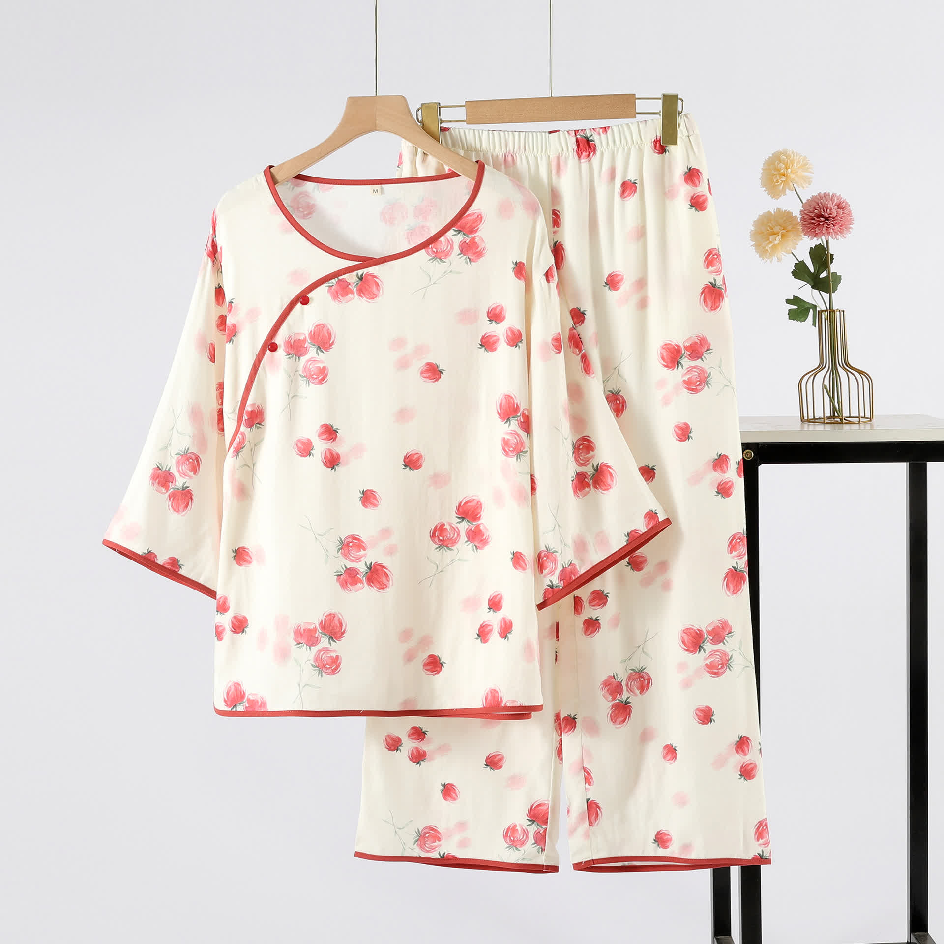 Red Floral Round Neck Pajama Set