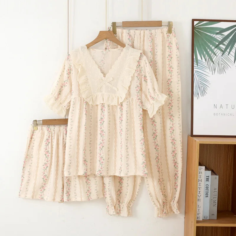 Lace-Detail Short Pajama Set (3-Piece)