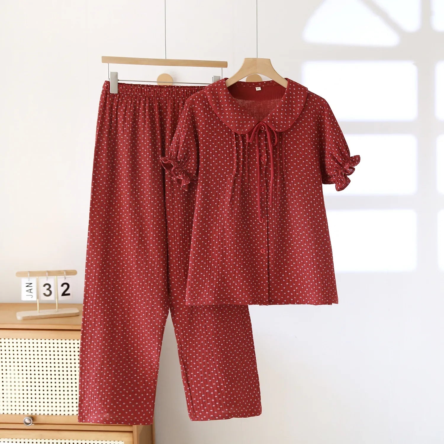 Red Cotton Short Set with Rose Details