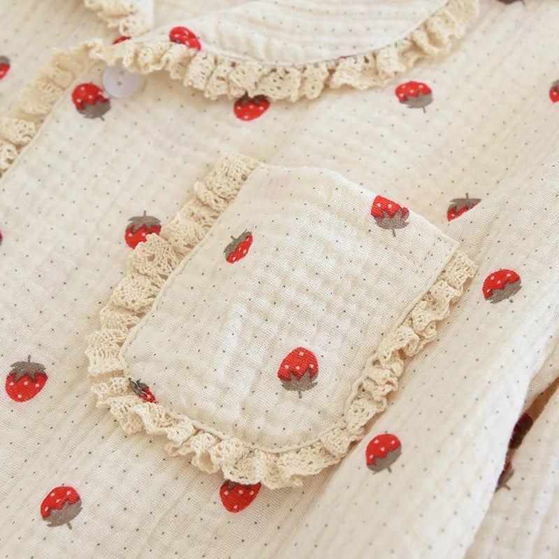 Strawberry-Patterned Cotton Pajama Set